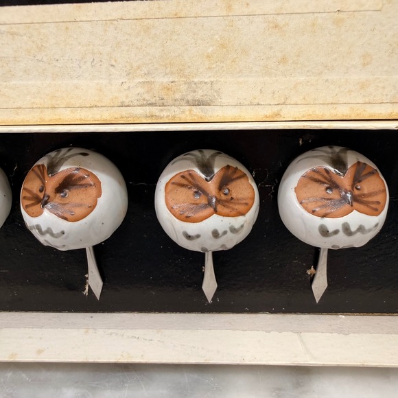 Vintage '72 Fitz & Floyd Owl Corn Holders 4 Pair Japan Pottery whimsical‎ w/ box - Picture 15 of 16